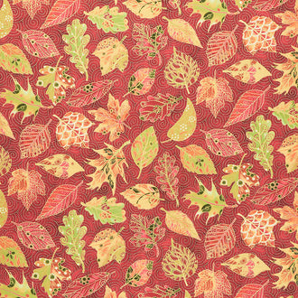 Jeweled Leaves - Leaves Crimson Metallic Yardage