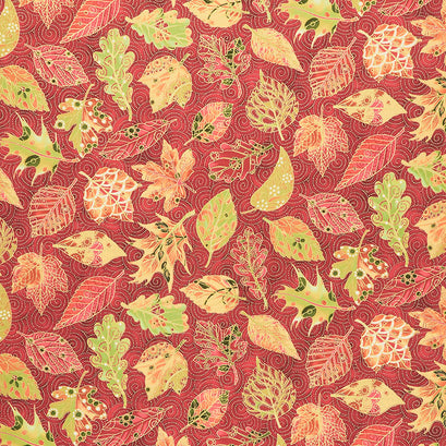 Jeweled Leaves - Leaves Crimson Metallic Yardage