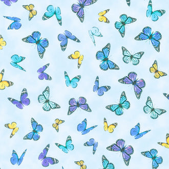 Pansy Paradise - Tossed Butterflies Blue Yardage