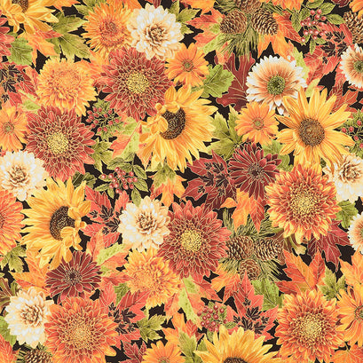 Thankful - Packed Harvest Bouquets Black Metallic Yardage