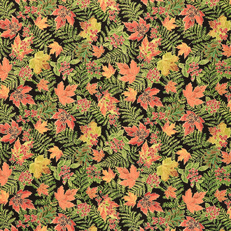 Thankful - Packed Autumn Leaves Black Metallic Yardage
