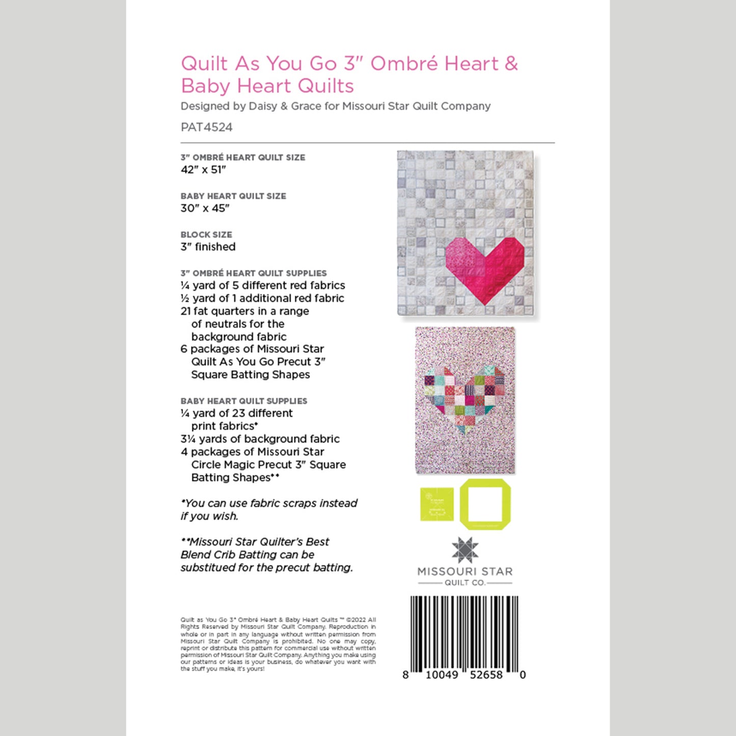 Digital Download - Quilt As You Go 3" Ombre Heart & Baby Heart Quilt Pattern by Missouri Star Alternative View #1