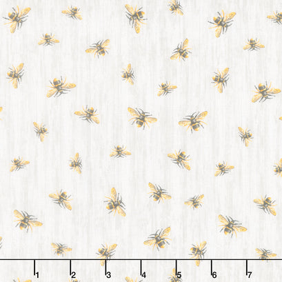 Honey Bee Farm - Flying Bees On Wood Texture Grey Yardage