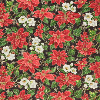 Merry Manor Metallic - Poinsettia Black Yardage