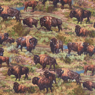 Home on the Range - Buffalo Scenic Green Multi Yardage