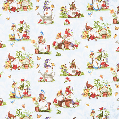 Gnome and Garden - Gnomes All Over Blue Yardage