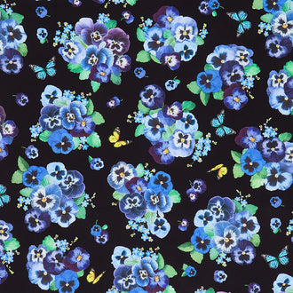 Pansy Paradise - Floral Bouquets and Butterflies Black Yardage