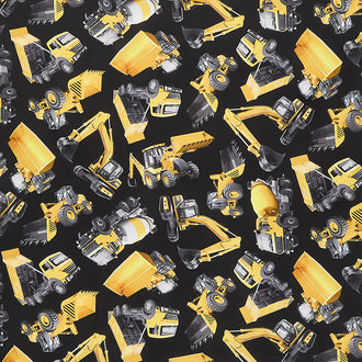 Novelty - Tossed Construction Truck Black Digitally Printed Yardage
