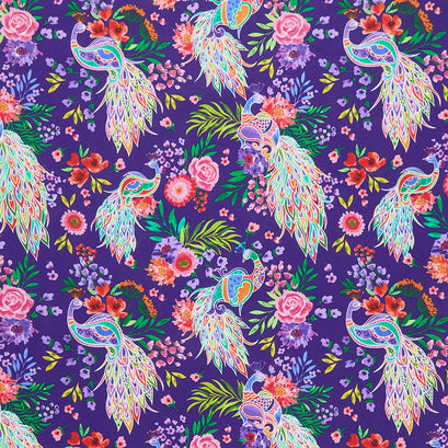 Anisa - Peacocks & Flowers Dark Purple Yardage