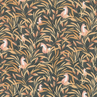 Into The Woods - Fox Hiding Amongst Bushes Charcoal Yardage