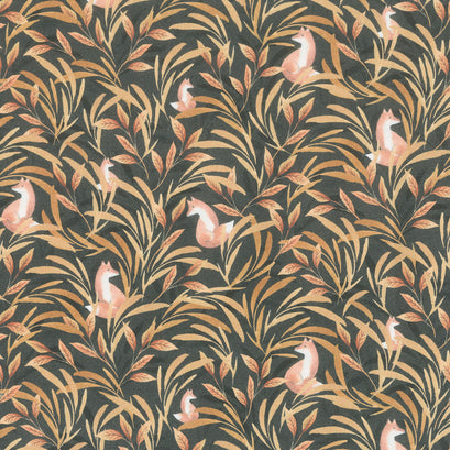 Into The Woods - Fox Hiding Amongst Bushes Charcoal Yardage