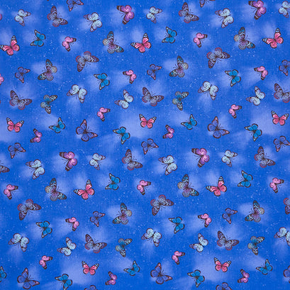Hydrangea Bliss - Tossed Flying Butterflies Blue Yardage