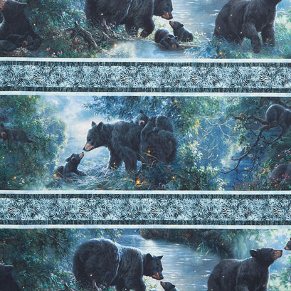 Moonlight Kisses - Bear Border Stripe Dark Blue Yardage