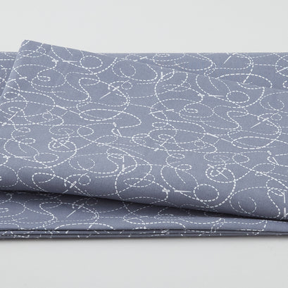 Needle & Thread - Threaded Lines & Needle White on Dark Grey 108" Wide 3 Yard Cut