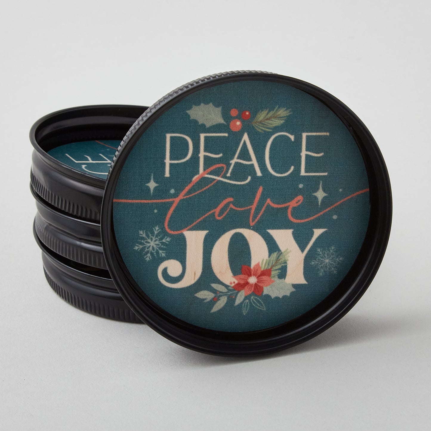 Peace, Joy, Love Mason Jar Lid Coaster - FOR WEBSITE & HOLIDAY STORE Alternative View #1