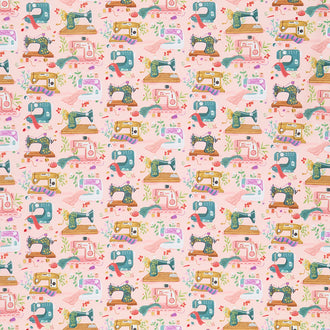 Novelty - Floral Sewing Machines Pink Digitally Printed Yardage