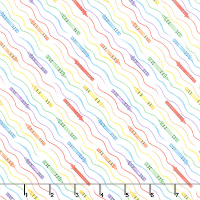 School is Cool - Crayon Diagonal Stripe White Yardage