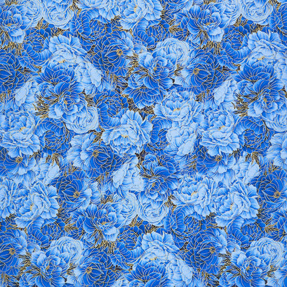 Royal Plume - Packed Blue Flowers Metallic Yardage