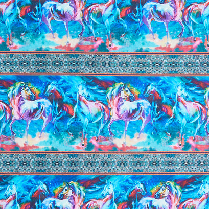 Color Your World with Horses - Horses Stripe Turquoise Yardage