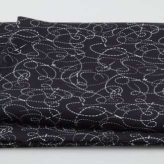 Needle & Thread - Threaded Lines & Needle White on Black 108" Wide 3 Yard Cut