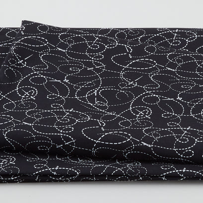 Needle & Thread - Threaded Lines & Needle White on Black 108" Wide 3 Yard Cut