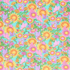 Comfy Flannel® - Smiley Flowers & Bees Aqua Yardage Primary Image