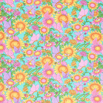 Comfy Flannel® - Smiley Flowers & Bees Aqua Yardage