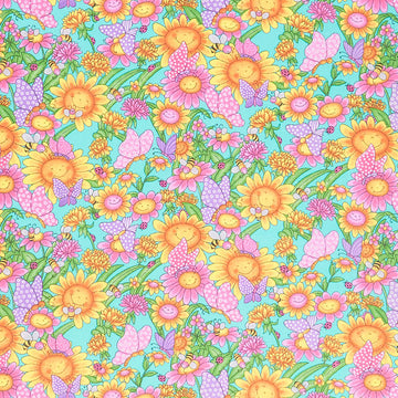 Comfy Flannel® - Smiley Flowers & Bees Aqua Yardage Primary Image