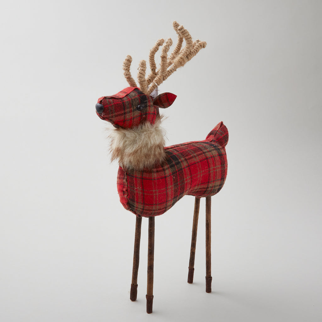 18.5" Red Plaid Reindeer w/Twine Antlers & fur collar - FOR WEBSITE & HOLIDAY STORE Primary Image