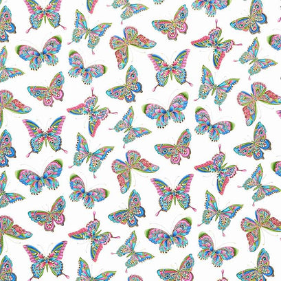 Alluring Butterflies - Small Butterfly Aflutter White Metallic Yardage