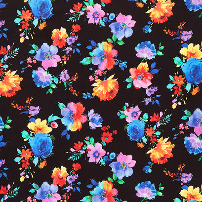 Untamed Beauty - Small Bright Painted Florals Black Yardage