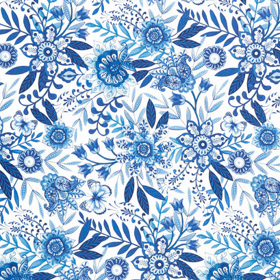 Blooming Blue - Large Floral White Yardage