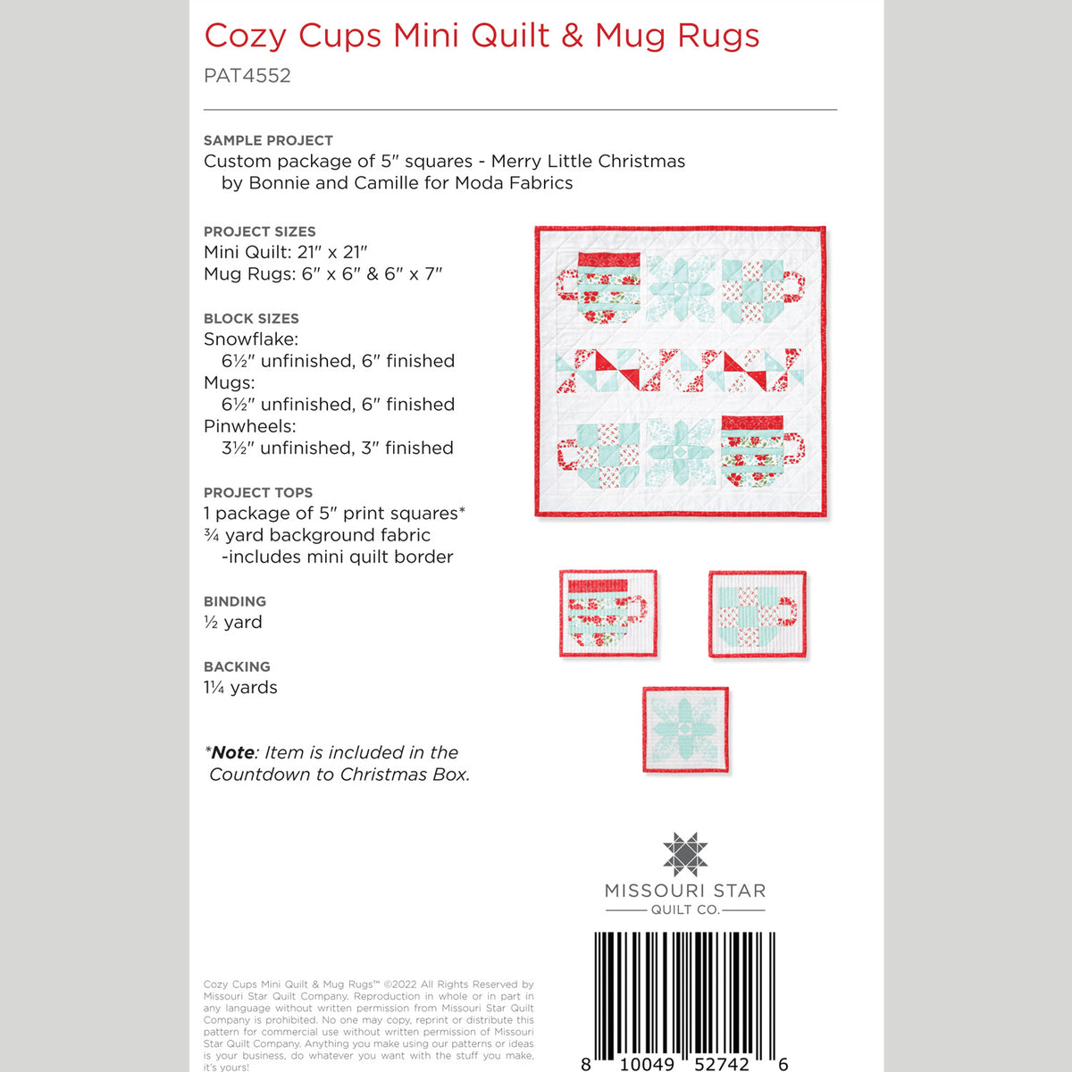 Digital Download - Cozy Cups Mini Quilt and Mug Rugs Pattern by Missou