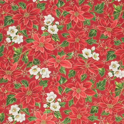 Merry Manor Metallic - Poinsettia Crimson Yardage