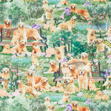 Dogs (Timeless Treasures) - Cute Golden Retriever Park Green Yardage Primary Image