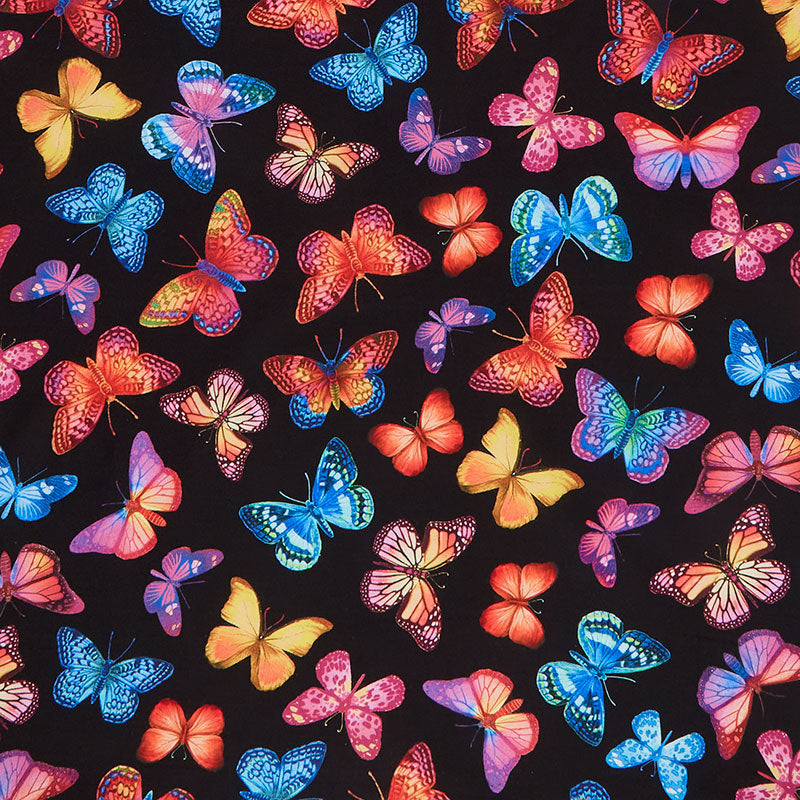 Extra Wide Backings - Bright Butterflies Flying Black 108" Wide Backing Primary Image