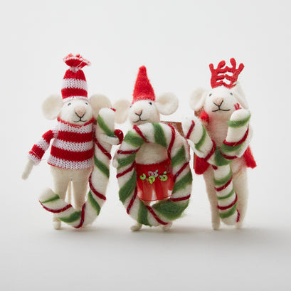 Wool Felt Mice w/Candy Canes Joy 5-1/2" H, White, Red & Green, Set of 3