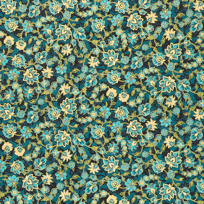 Jeweled Leaves - Floral Teal Metallic Yardage