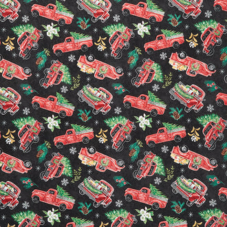 Mistletoe Magic - Tossed Red Trucks Black Yardage
