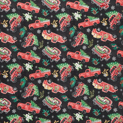Mistletoe Magic - Tossed Red Trucks Black Yardage