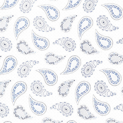 Indigo Splash - Paisley and Dots White Yardage