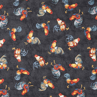 Garden Gate Roosters - Chicken All Over Black Yardage