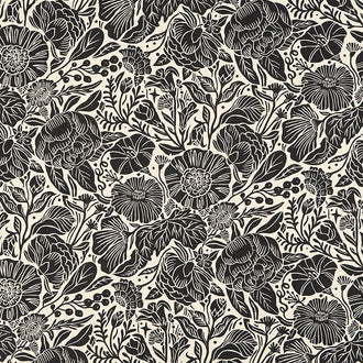 In the Dawn - Large Flowers Black Yardage