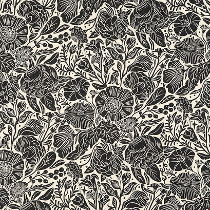 In the Dawn - Large Flowers Black Yardage