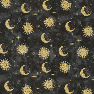 The Sun, the Moon, and the Stars! - Sun and Moon Sky Black Yardage