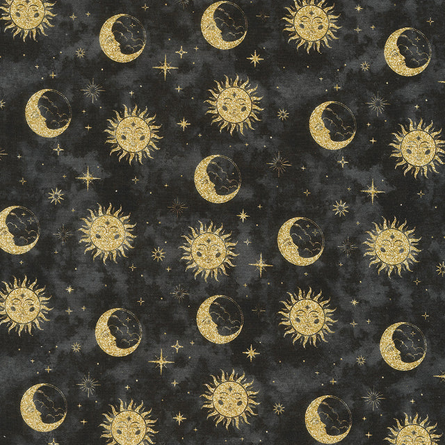 The Sun, The Moon, And The Stars! - Sun and Moon Sky Black Yardage Primary Image