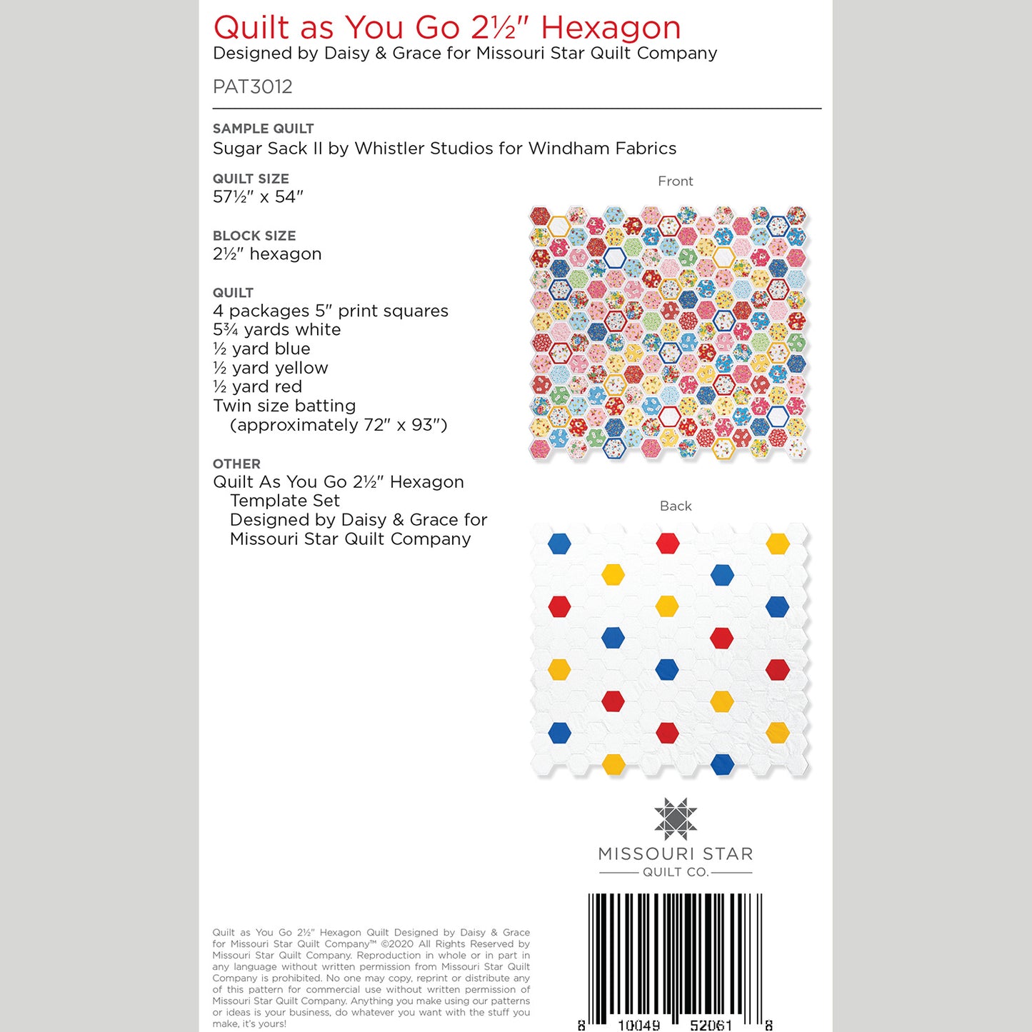 Digital Download - Quilt As You Go 2 1/2" Hexagon Quilt Pattern by Daisy & Grace for Missouri Star Alternative View #1