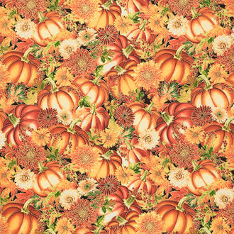 Thankful - Packed Pumpkin Florals Pumpkin Metallic Yardage