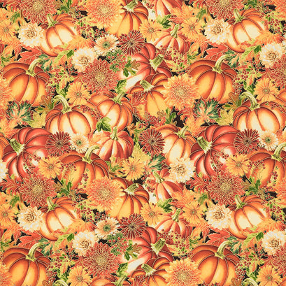 Thankful - Packed Pumpkin Florals Pumpkin Metallic Yardage