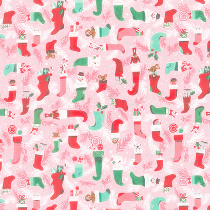 Twas - Stockings Were Hung Pink Metallic Yardage